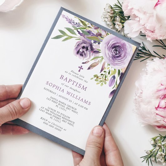 Invitation au baptême floral Rose violet