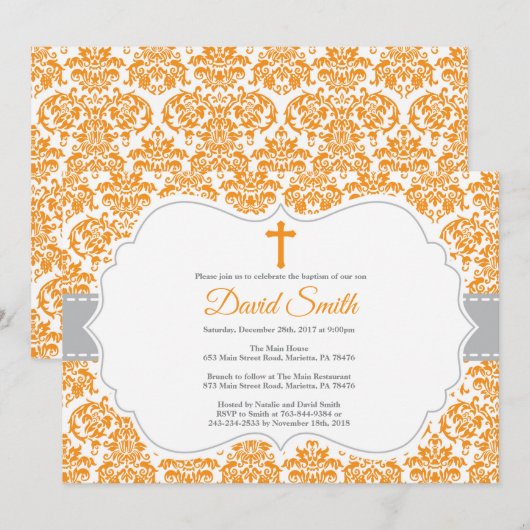 Invitation au baptême Orange et Damas gris (Devant / Derrière)