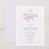 Invitation au baptême pour fille, Bow rose moderne (Devant / Derrière)