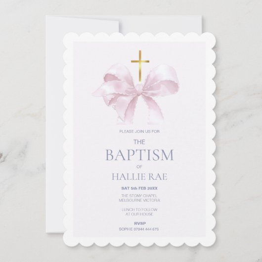 Invitation au baptême pour fille, Bow rose moderne (Devant)