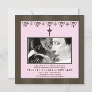 Invitation au baptême rose de bébé de l'époque vic