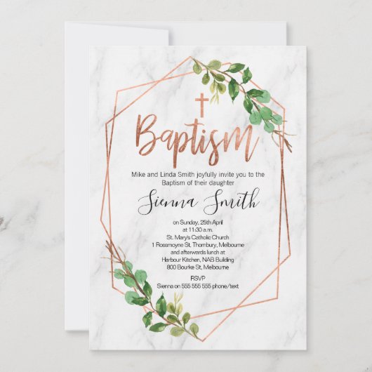 invitation au baptême Rose de feuilles d'or et de  (Devant)