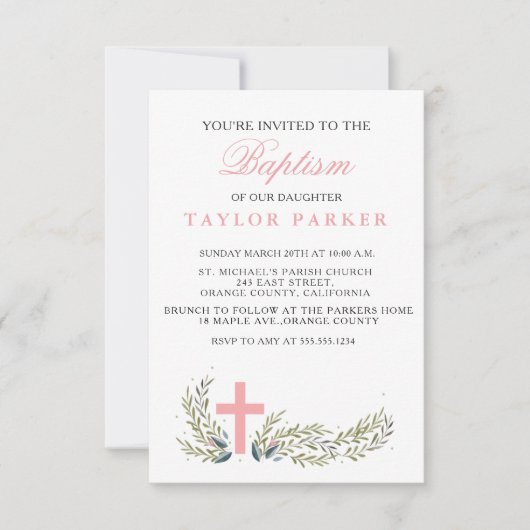 Invitation au baptême rose élégant (Devant)