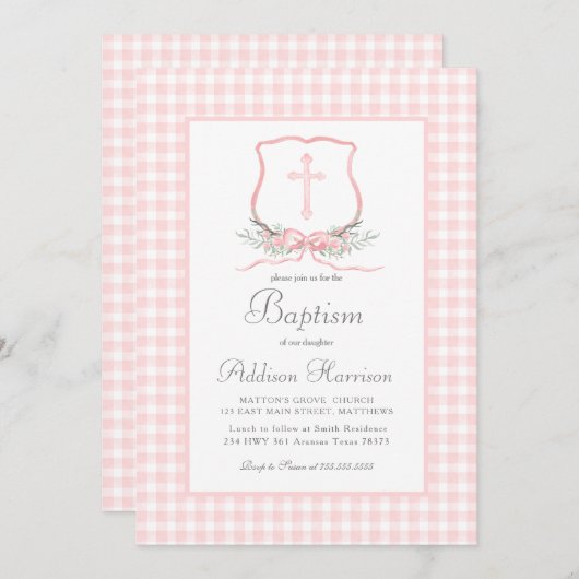 Invitation au baptême rose En vichy, Baptême de fi (Devant / Derrière)