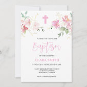 Invitation au baptême rose florale fille (Devant)