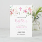 Invitation au baptême rose florale fille (Debout devant)