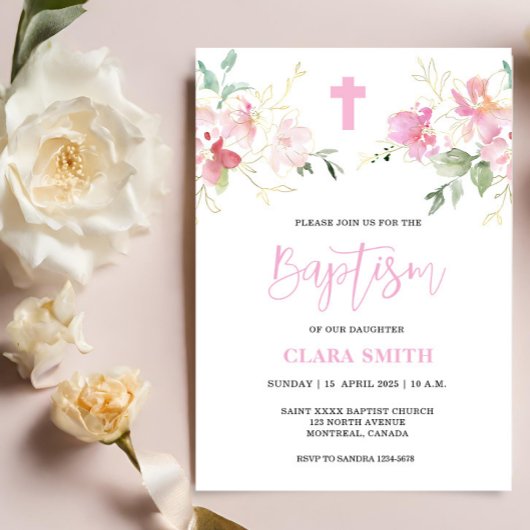 Invitation au baptême rose florale fille