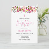 Invitation au baptême rose florale fille (Debout devant)