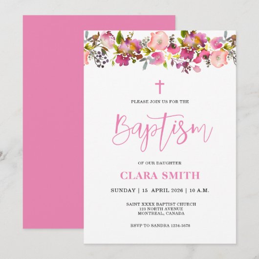 Invitation au baptême rose florale fille (Devant / Derrière)