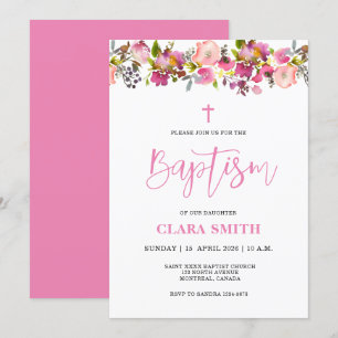 Invitation au baptême rose florale fille
