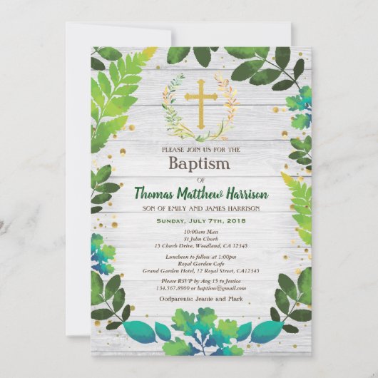 Invitation au baptême. Verdure couronne bois rusti (Devant)