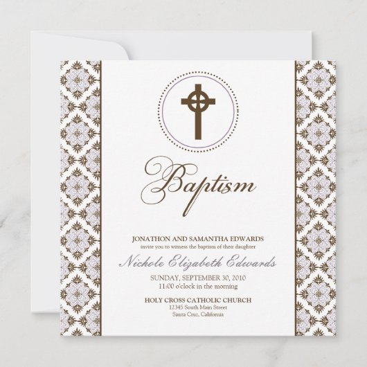Invitation au baptême Vintage (chocolat/lilas) (Devant)