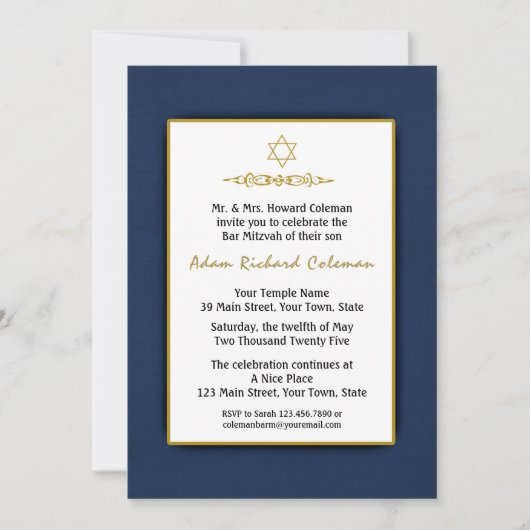 Invitation au bar Mitzvah Dark Blue and Gold (Devant)