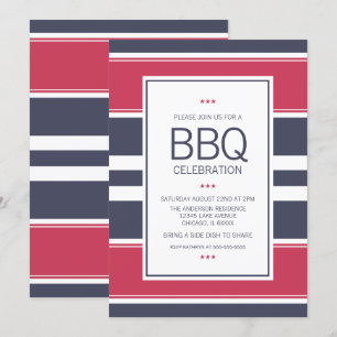 Invitation au barbecue en bande rouge, blanc et bl