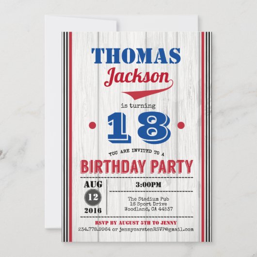 Invitation au baseball 18e anniversaire. Bois rust (Devant)