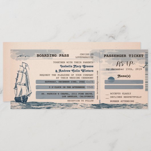 Invitation au billet de mariage de destination (Devant / Derrière)