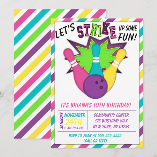 Invitation au bowling pour l'anniversaire d'une fi (Devant / Derrière)
