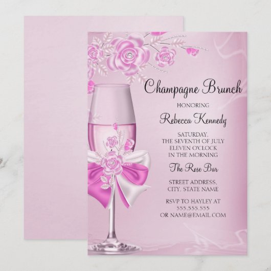Invitation au brunch au champagne Pretty Pink Rose (Devant / Derrière)