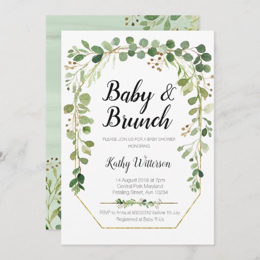 invitation au brunch de bébé avec verdure (Devant / Derrière)