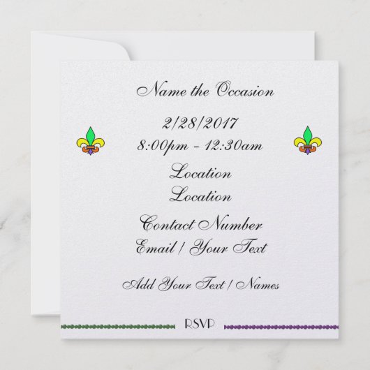 Invitation au carnaval de Mardi Gras (Dos)