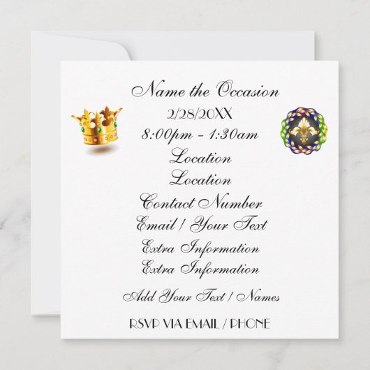 Invitation au carnaval de Mardi Gras (Dos)