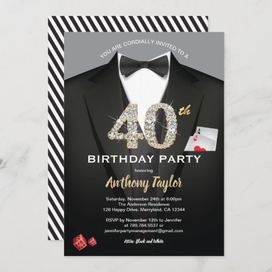 Invitation au casino pour 40e anniversaire. Noir e (Devant / Derrière)