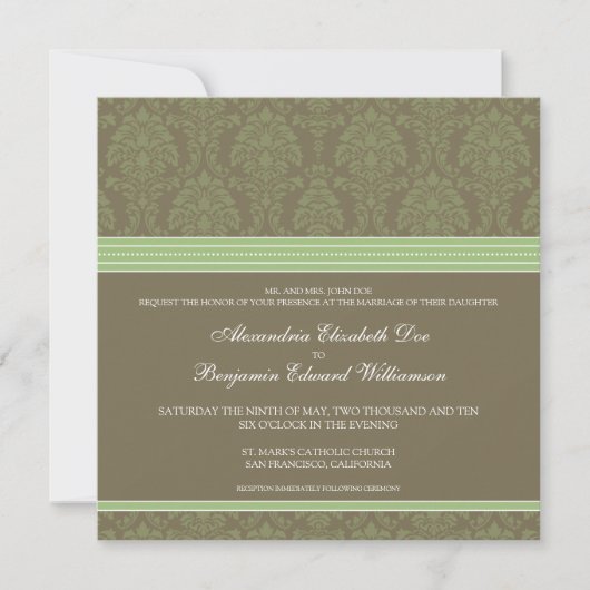 Invitation au chocolat vert Sage Mariage damassé (Devant)