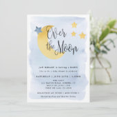 Invitation Au-dessus de la lune, Baby shower d'aquarelle bleu (Debout devant)