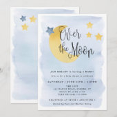 Invitation Au-dessus de la lune, Baby shower d'aquarelle bleu (Devant / Derrière)