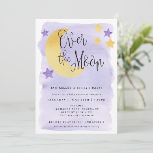 Invitation Au-dessus de la lune, Baby shower d'aquarelle viol (Debout devant)