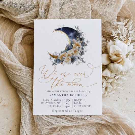 Invitation Au-dessus de la lune baby shower d'or marine