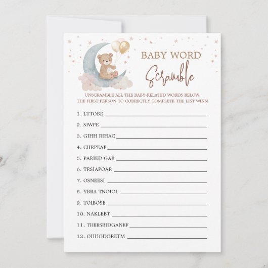Invitation Au-dessus de la lune Baby shower Word Scramble Gam (Devant)