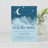 Invitation Au-dessus de la lune Blue Stars Boy Baby shower (Debout devant)
