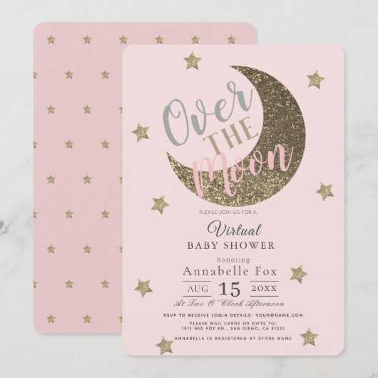 Invitation Au-dessus de la lune Blush Pink Baby shower virtue (Devant / Derrière)