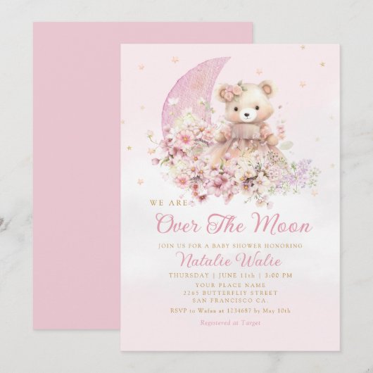 Invitation Au-dessus de la lune Boho Teddy Bear Girl Baby sho (Devant / Derrière)