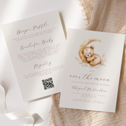 Invitation Au-dessus de la lune Boho Teddy Bear QR Code Baby 