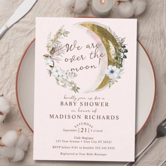 Invitation Au-Dessus De La Lune D'Or Dreamy Boho Baby shower 