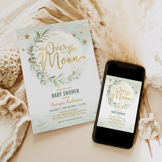Invitation Au-dessus de la lune | Dreamy Green Gold Baby show
