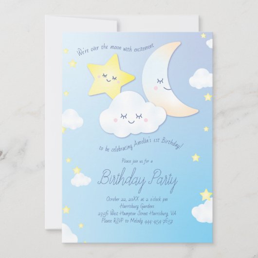 Invitation Au-dessus de la lune et des étoiles fête d'anniver (Devant)