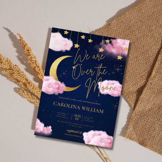 Invitation Au-dessus de la Lune étoiles baby shower rose