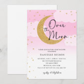 Invitation Au-dessus de la Lune Gold Stars Baby shower rose (Devant / Derrière)