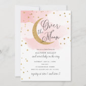 Invitation Au-dessus de la Lune Gold Stars Baby shower rose (Devant)
