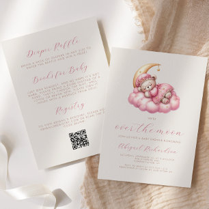 Invitation Au-dessus de la lune Ours rose fille QR Code Baby 