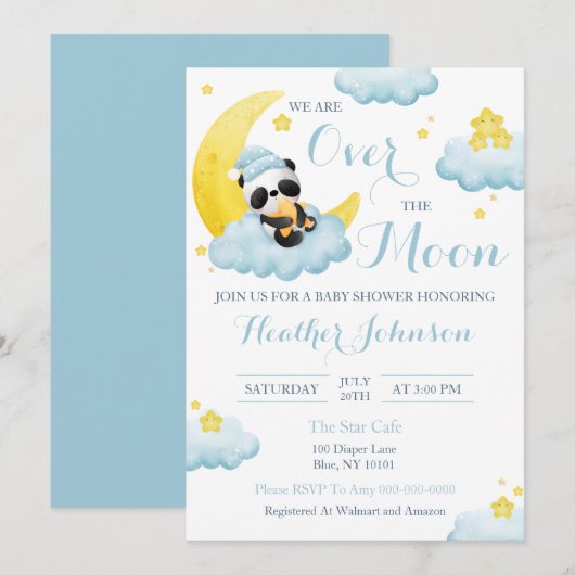 Invitation Au-Dessus De La Lune Panda Bear Boy Baby shower (Devant / Derrière)