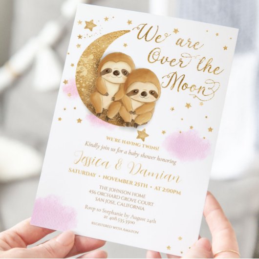Invitation Au-dessus de la lune Sloth Girl Twins Baby shower 