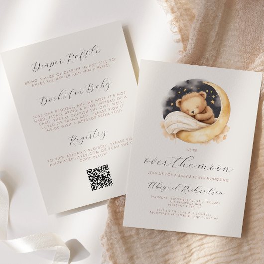 Invitation Au-dessus de la lune Teddy Bear Boho QR Code Baby 