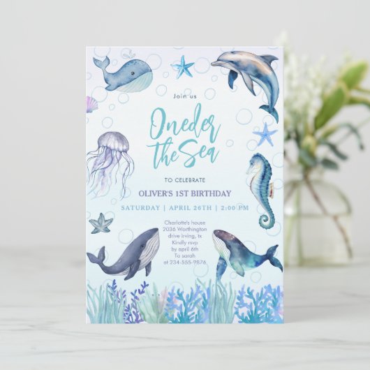 Invitation Au-dessus de la mer Océan Animaux 1er Garçon Anniv (Debout devant)