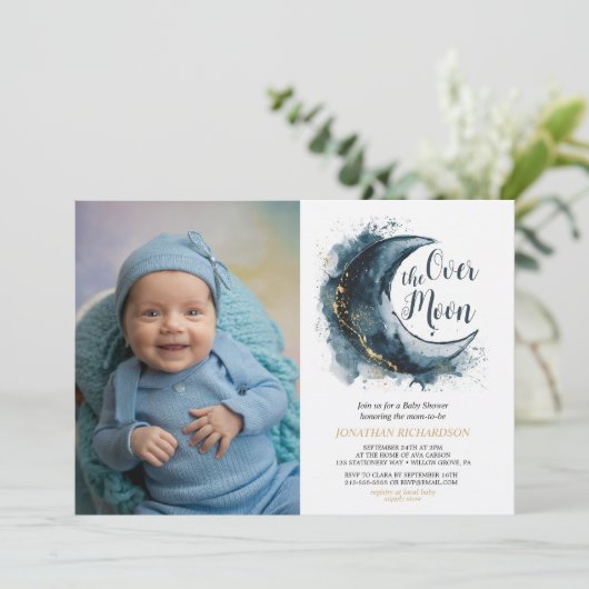 Invitation Au-dessus du Baby shower bleu Moon Gold Stars (Debout devant)