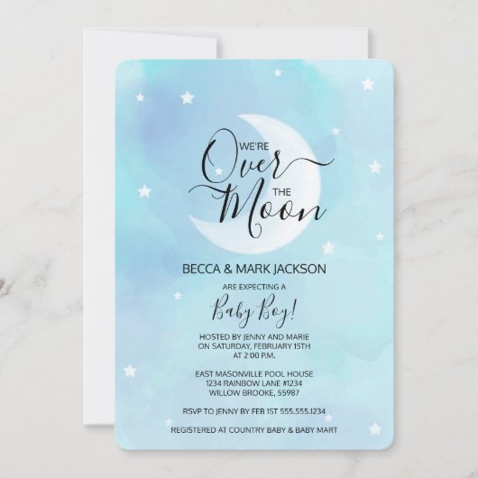 Invitation Au-Dessus Du Baby shower D'Aquarelle Bleu Lune (Devant)