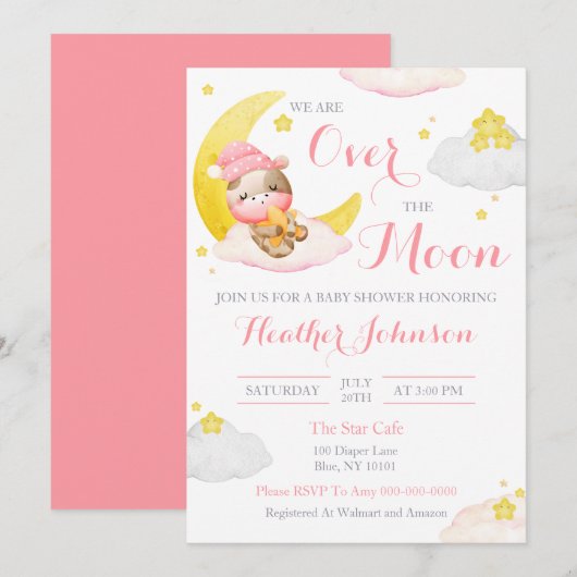 Invitation Au-Dessus Du Baby shower De Vache De Fille Lune (Devant / Derrière)